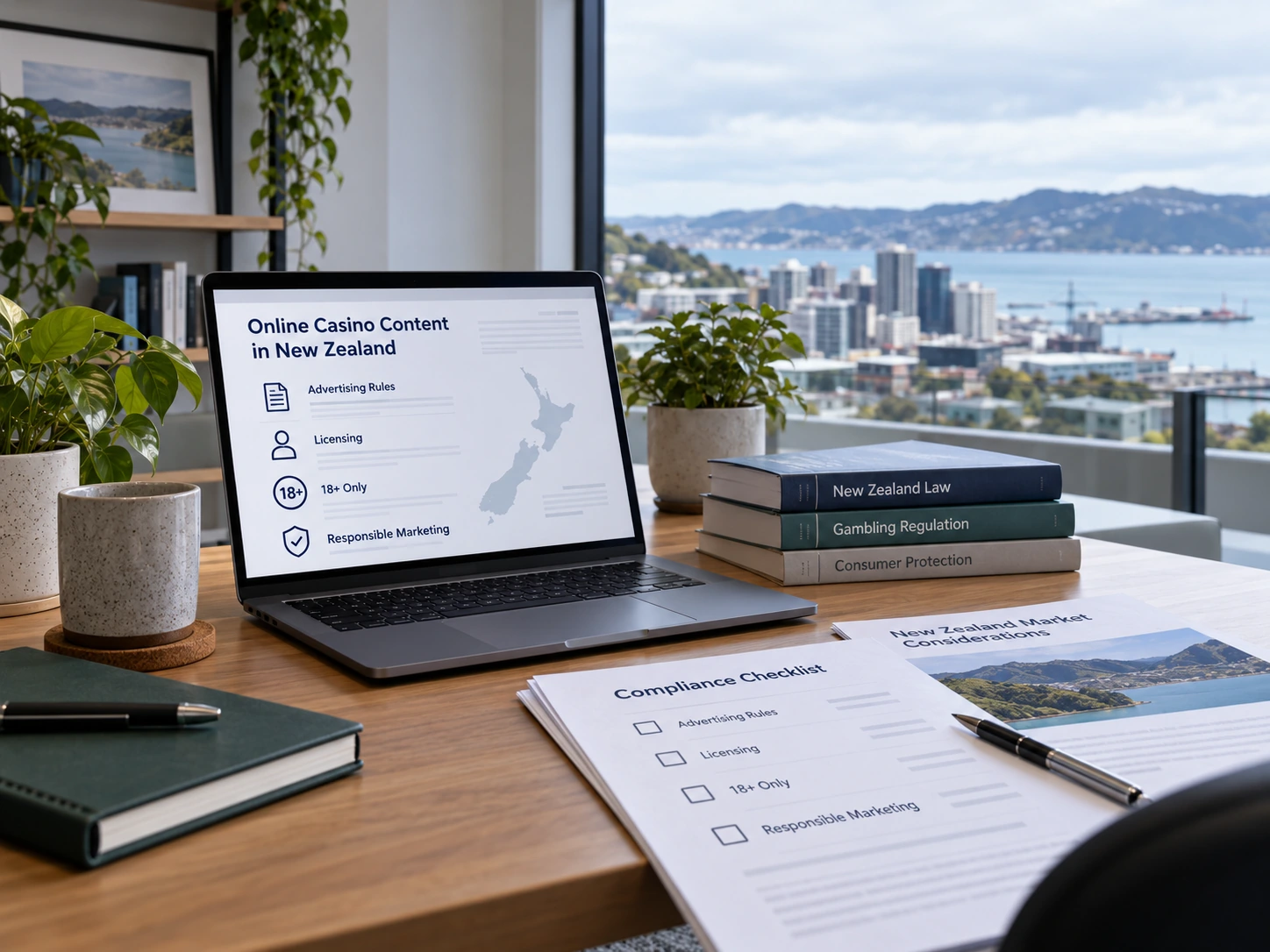 New Zealand online casino content compliance workspace with licensing and advertising notes