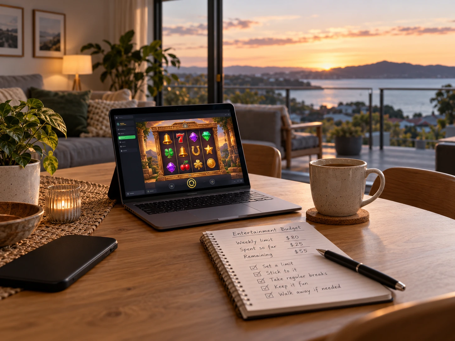 Calm home scene with budget notes and a generic online casino screen suggesting responsible gambling