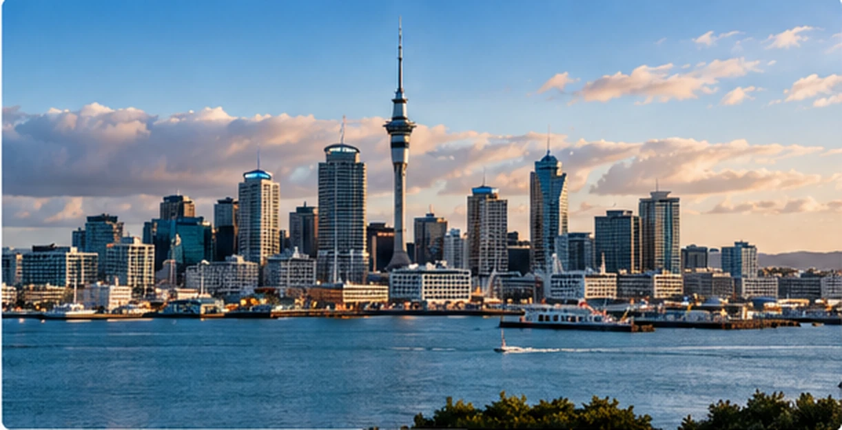 Auckland skyline and Waitemata Harbour in clear daylight