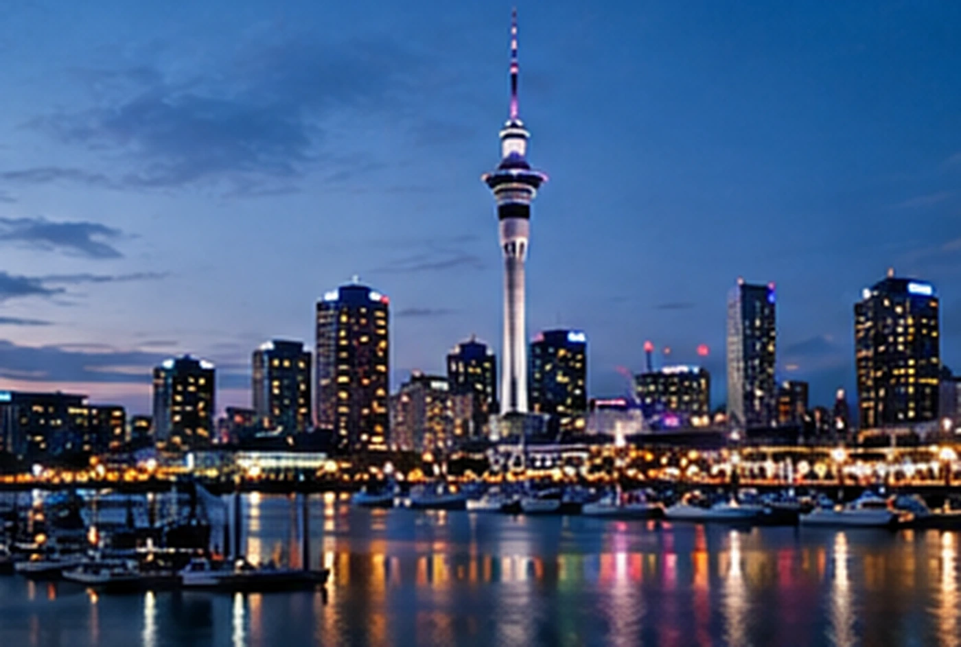 Auckland skyline and Sky Tower over the waterfront at dusk