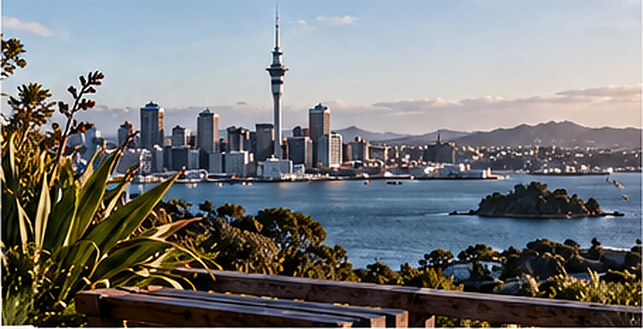 Auckland waterfront and Sky Tower seen across the harbour