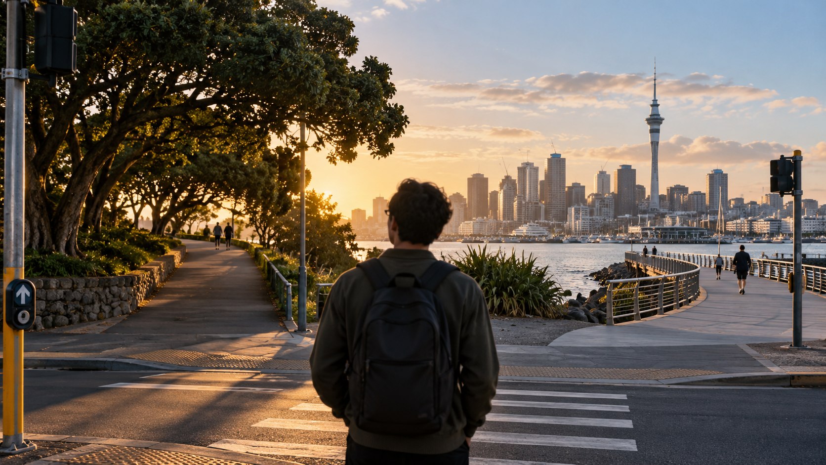 Pedestrian considering a route at an Auckland waterfront crossing