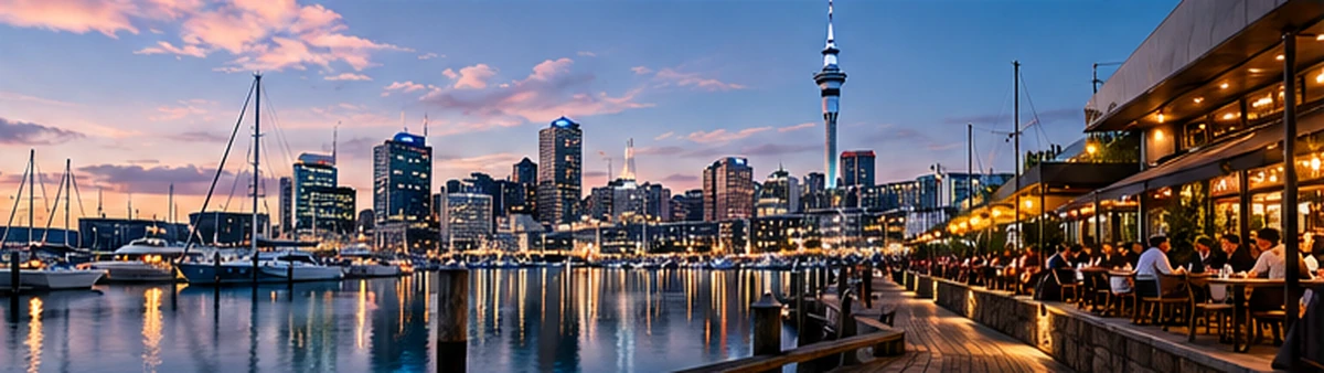 Auckland waterfront, boats and city skyline at dusk