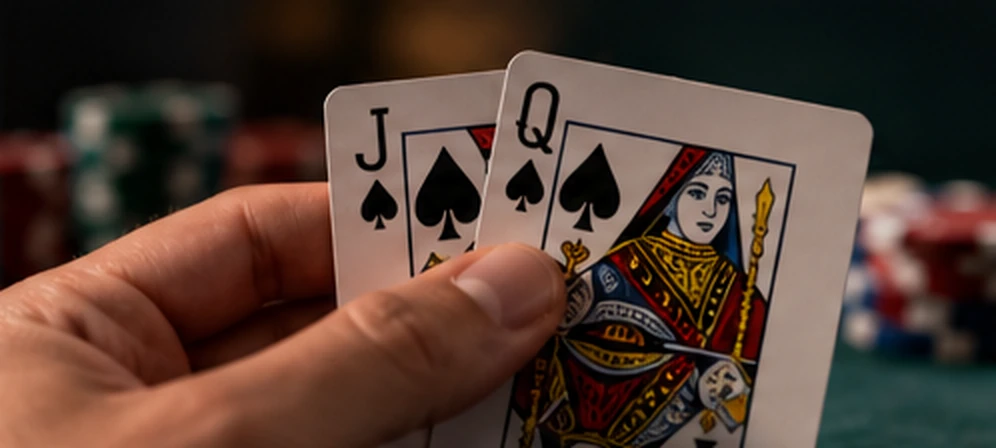 A player holds two playing cards at a casino-style gaming table.