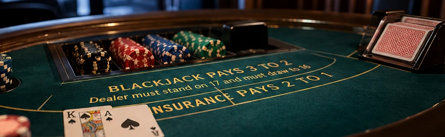 Casino blackjack table with card shoe and stacked chips
