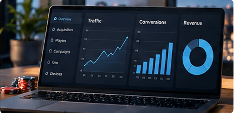 Laptop dashboard displaying casino advertising campaign analytics