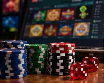 Casino chips and dice beside an online slot interface.