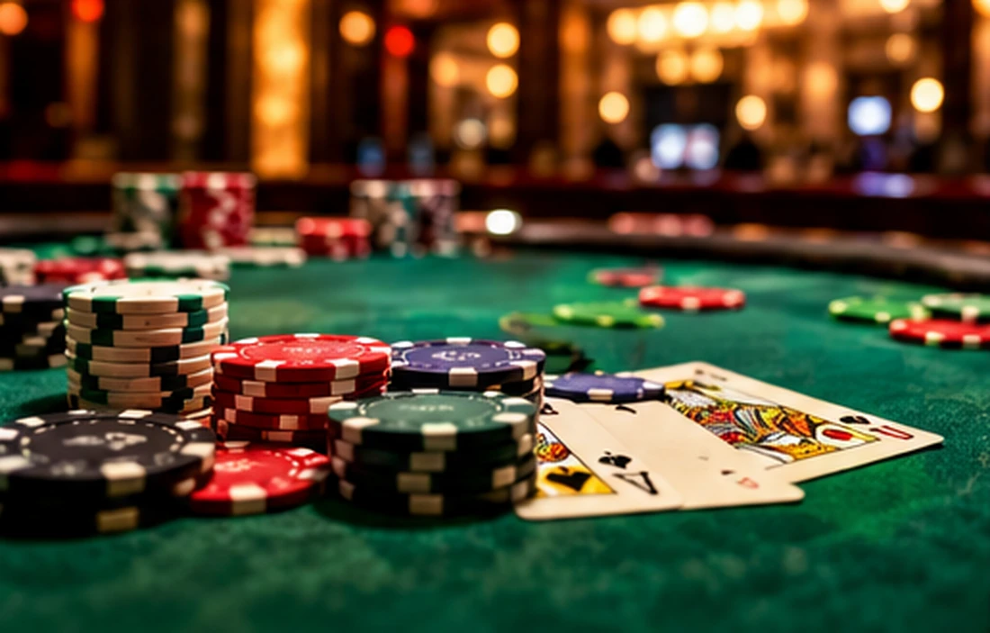 Casino table with playing cards and poker chips
