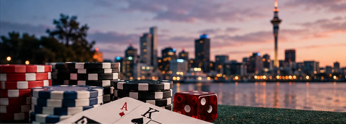 Casino chips and playing cards overlooking the Auckland skyline