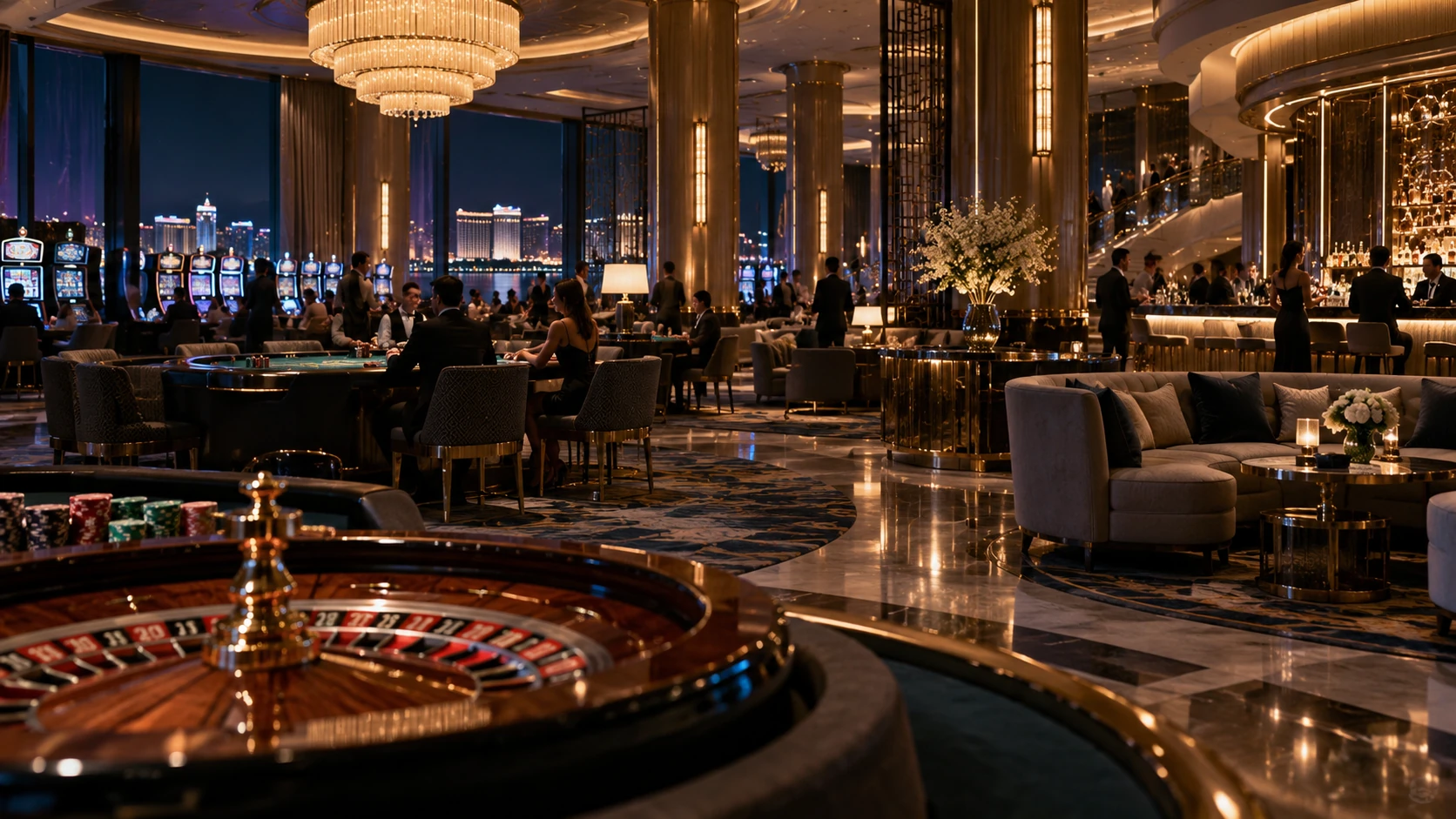 Wide cinematic casino interior with tables, lounge seating and ambient lighting.