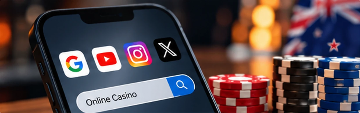 Smartphone search interface with casino chips and New Zealand backdrop