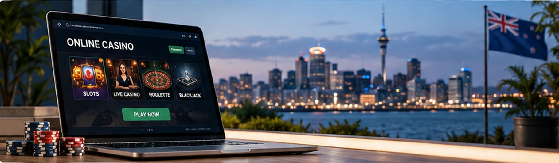 Online casino platform on a laptop overlooking Auckland, New Zealand