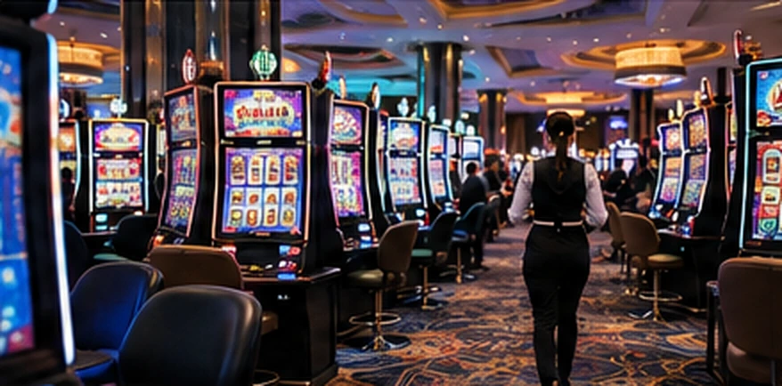 Casino gaming floor with staff and slot machines