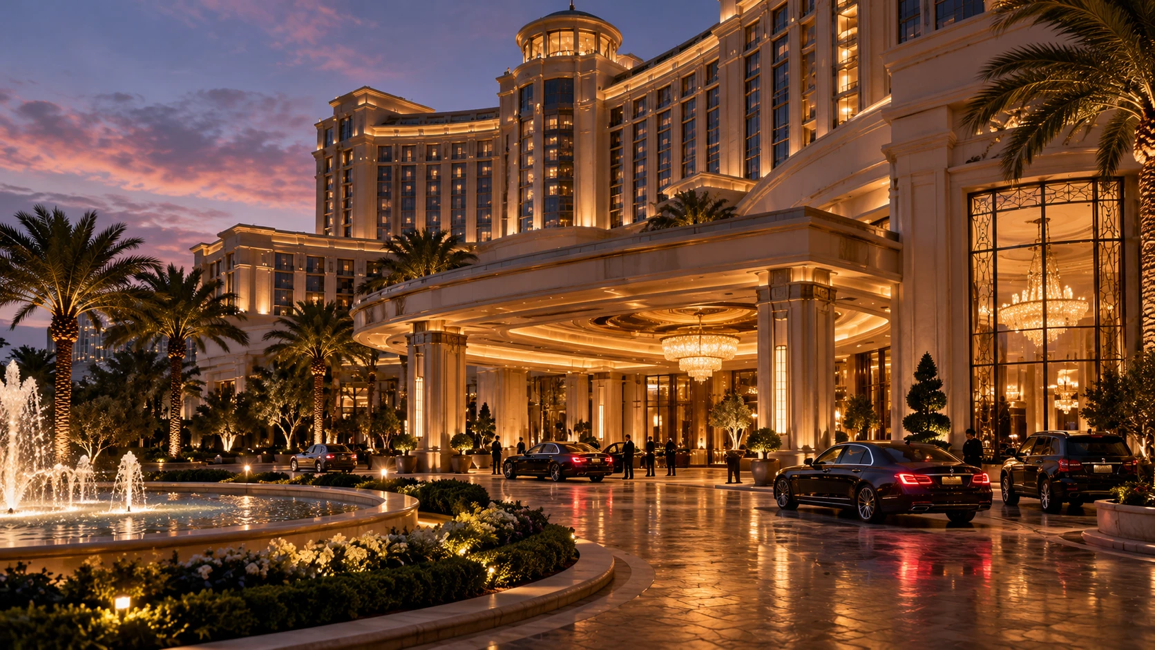 Grand casino resort entrance at dusk with warm lighting and elegant architecture.
