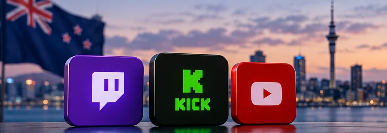Streaming platform icon-like screens viewed against Auckland harbour skyline.