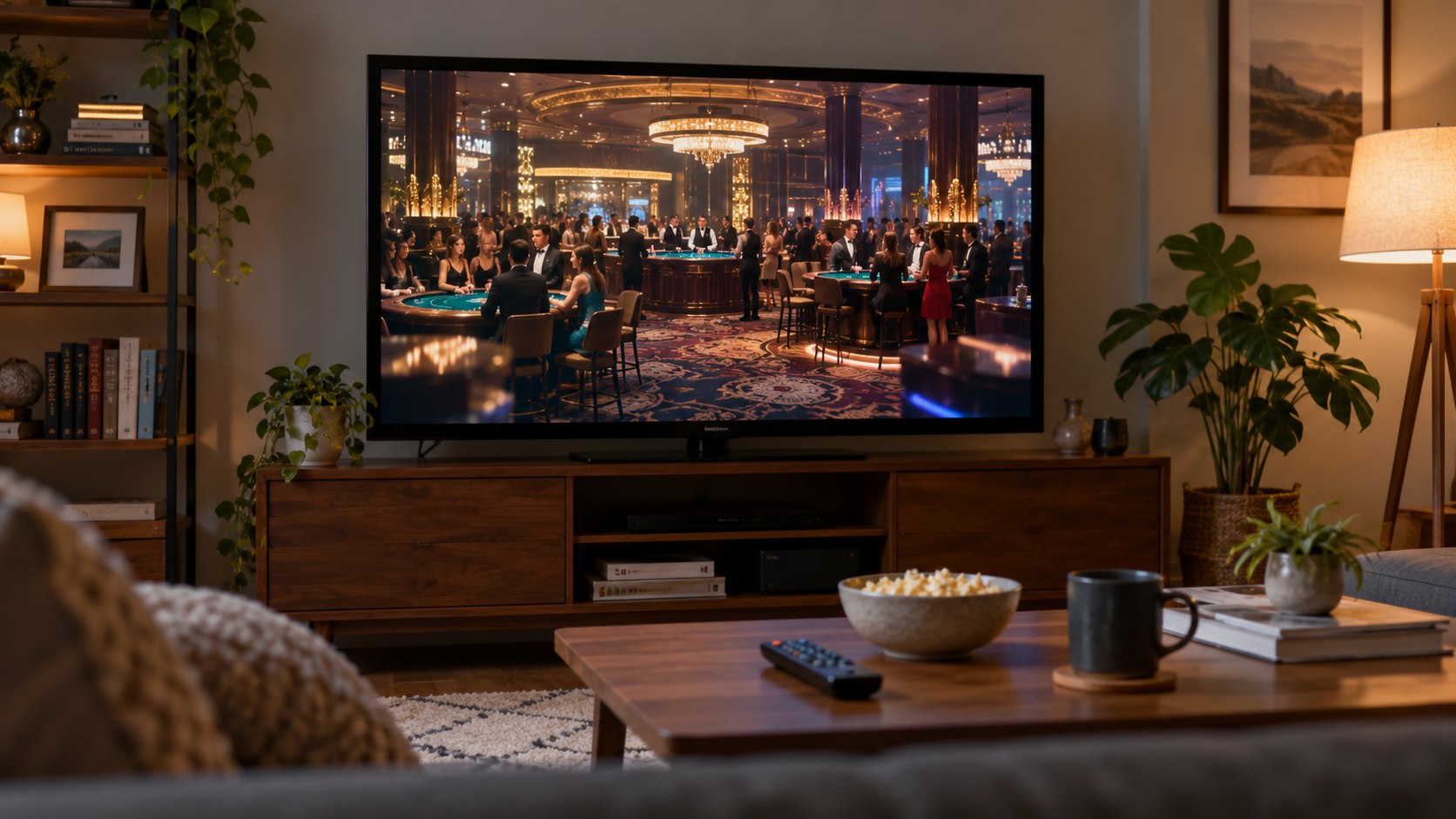 Fictional casino drama playing on a living room television