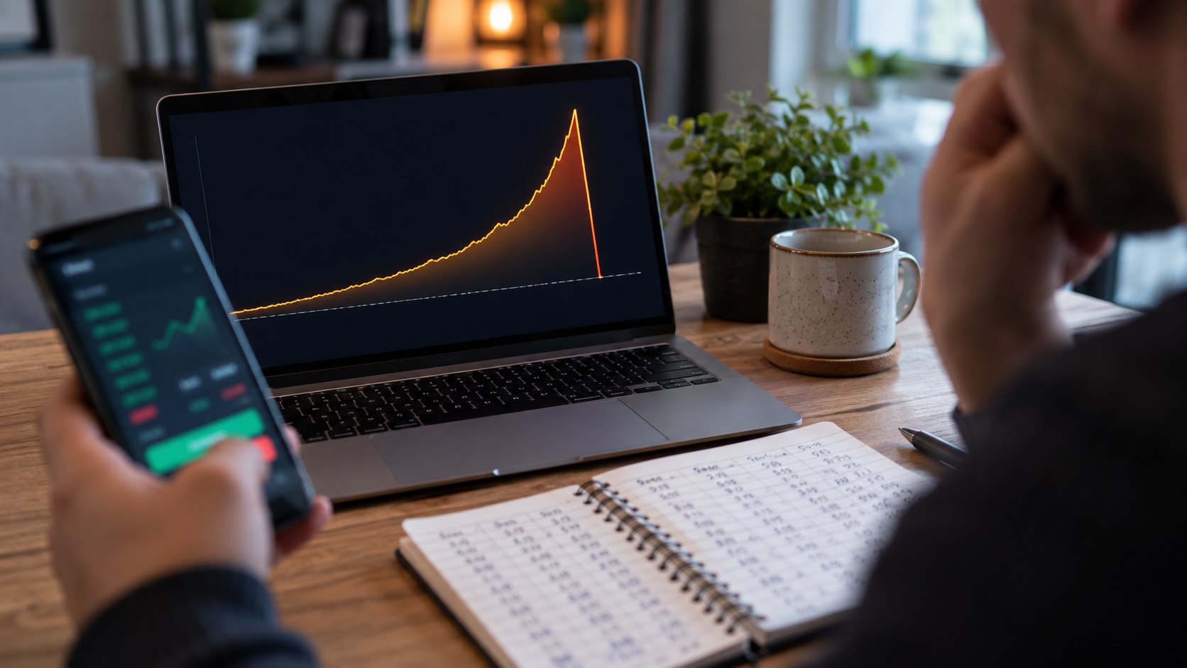 Crash game prediction dashboard beside a laptop