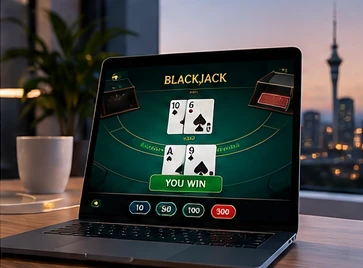 Online blackjack game on a laptop screen