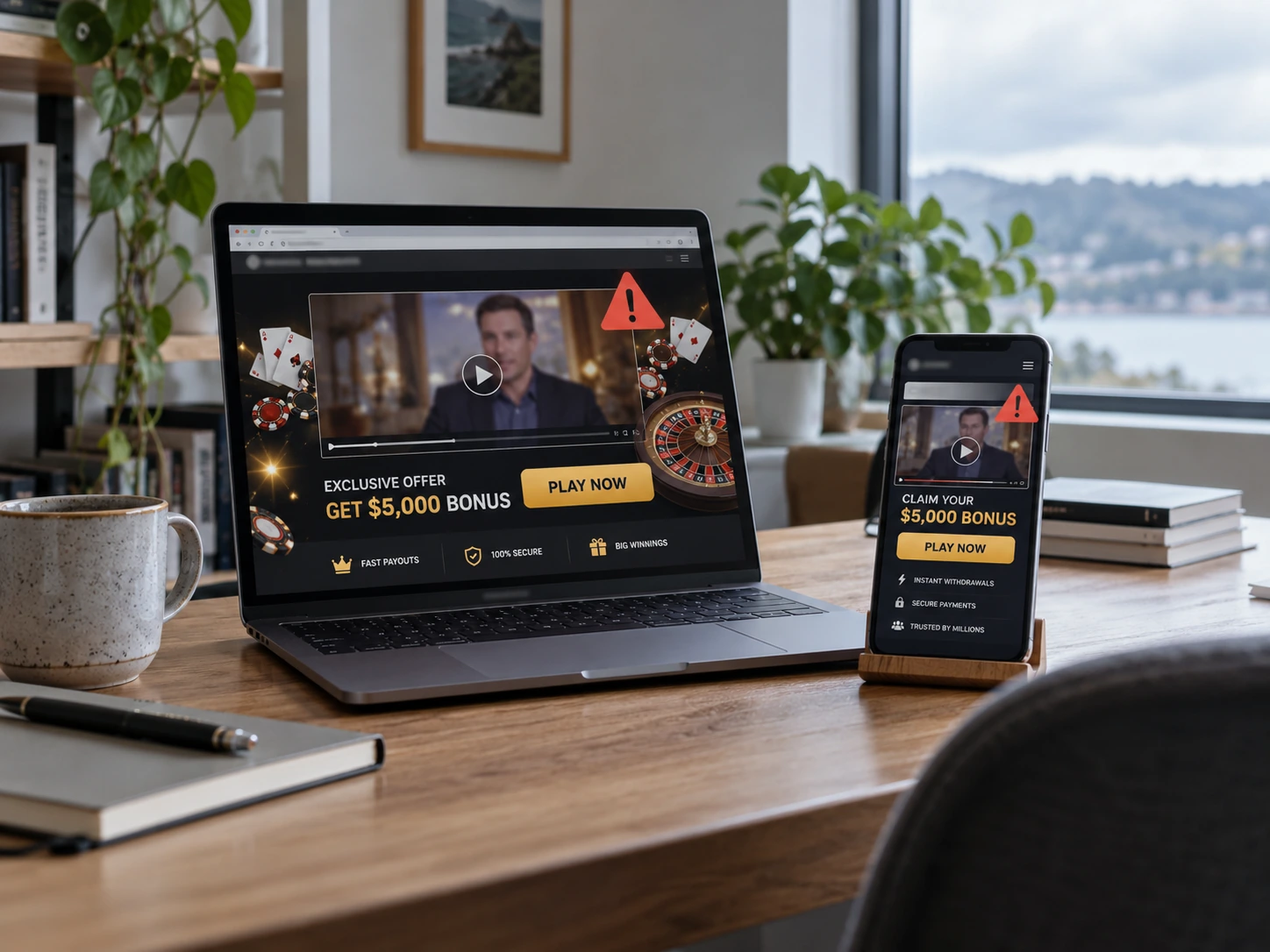 Laptop and smartphone showing a suspicious bonus ad with warning symbols in a modern workspace, illustrating the risk of fake gambling endorsements.