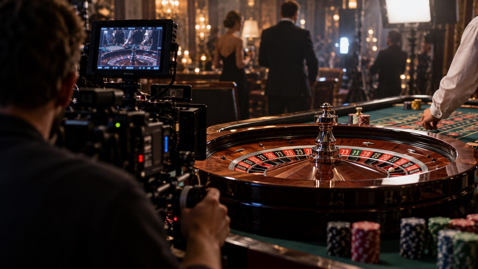 Roulette wheel filmed on a fictional casino set