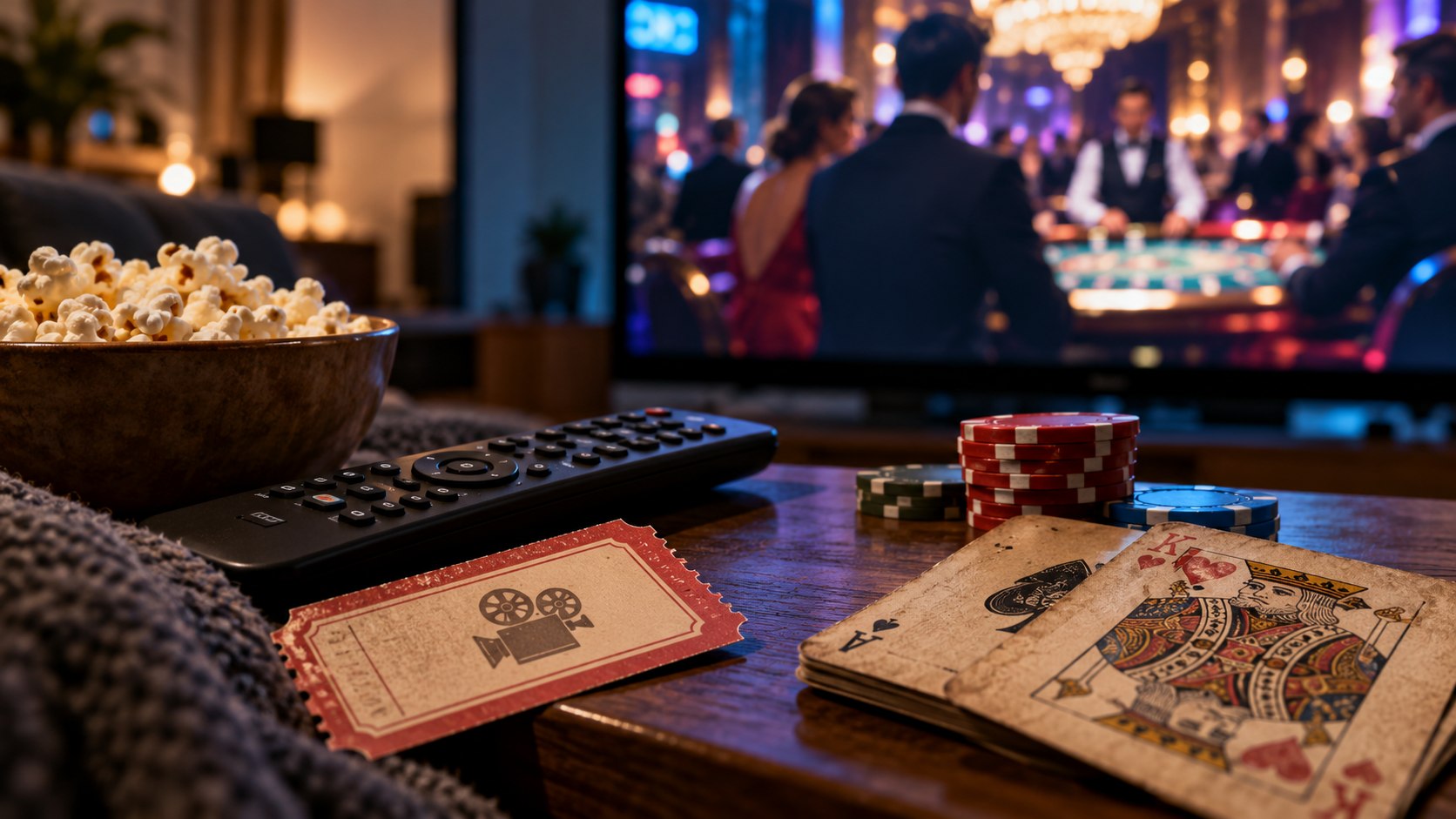Cinema ticket, playing cards and television remote in a gambling media still life