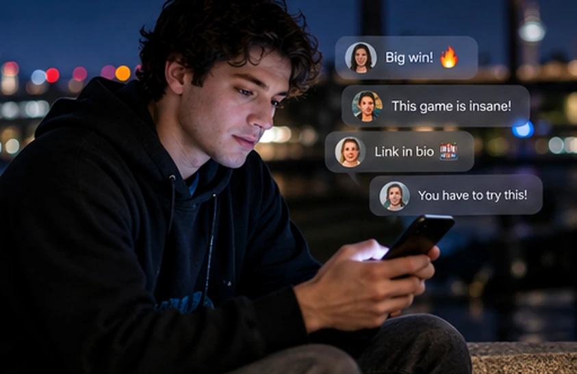 Casino-themed posts and peer reactions can make gambling feel familiar in social feeds.