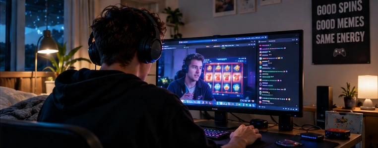 A gaming-stream viewer watching a gambling stream on a desktop monitor in a natural home setting.