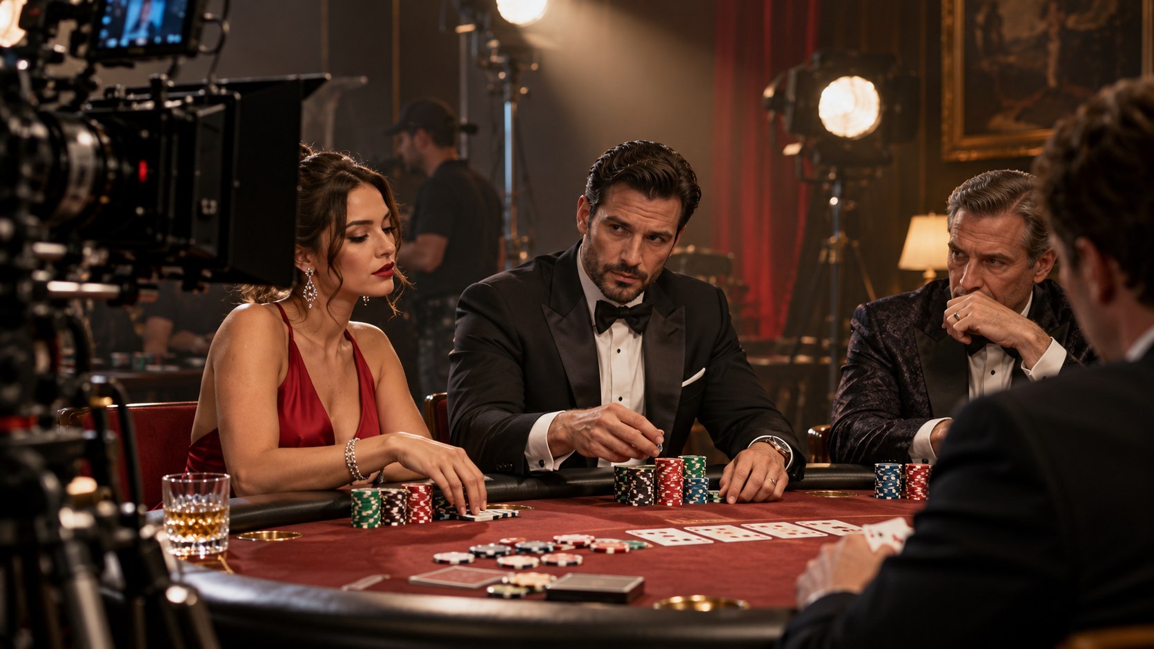 Dramatic staged poker scene with a film camera
