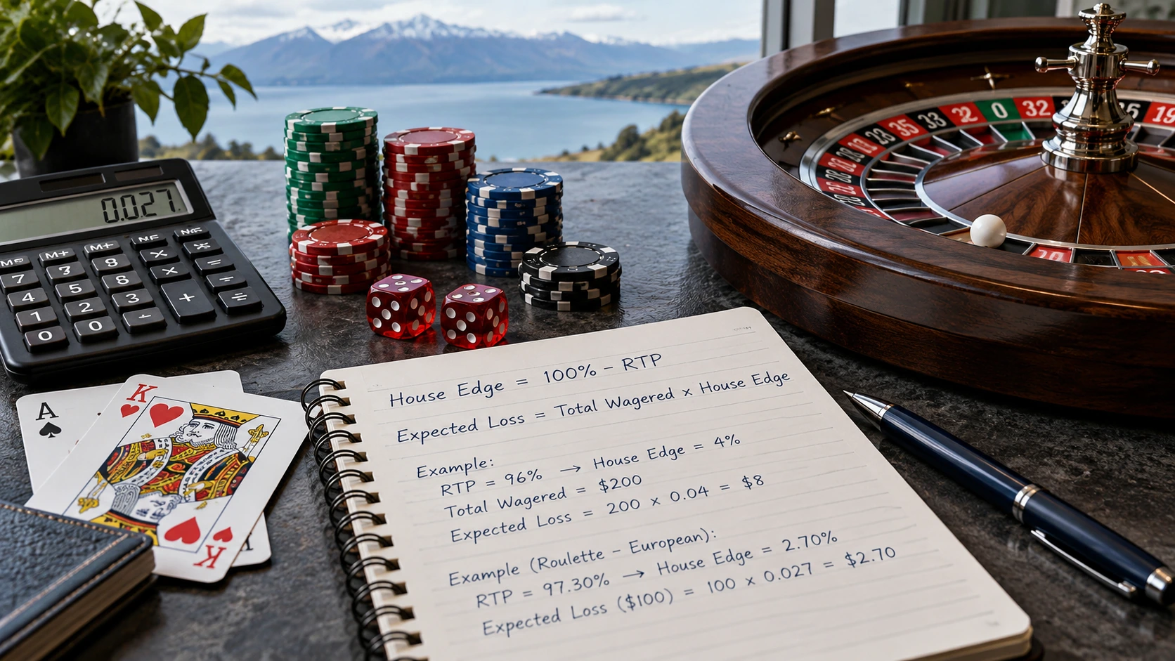 Roulette wheel, casino chips, calculator and notebook explaining RTP and house edge formulas