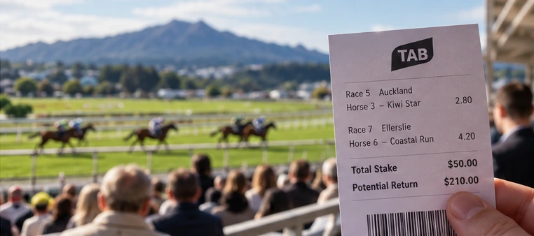 New Zealand horse racing scene and a betting slip photographed at the track.