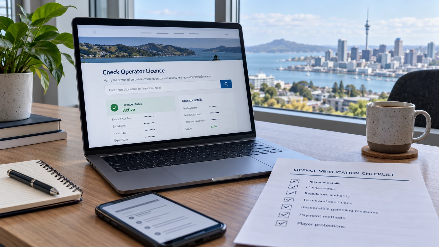 Laptop displaying a generic operator licence verification screen on a desk with a checklist, with a harbour city skyline visible in the background.