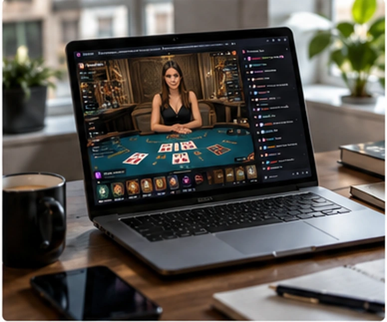 Live casino game streamed on a laptop in a home setting