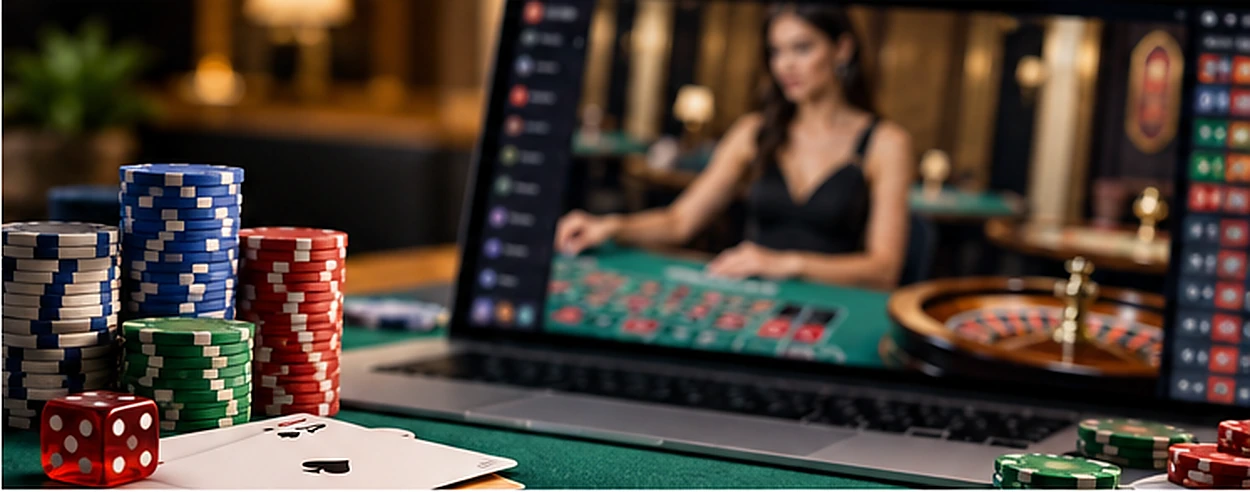 Live dealer roulette game and casino chips on a laptop