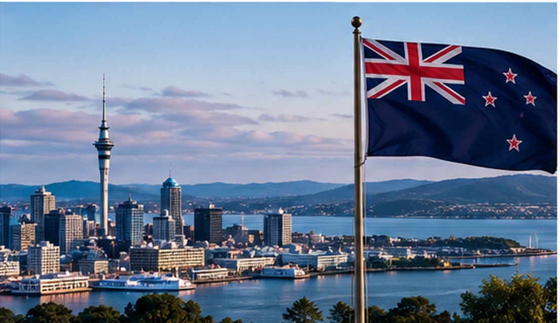 Auckland skyline and New Zealand flag beside the harbour