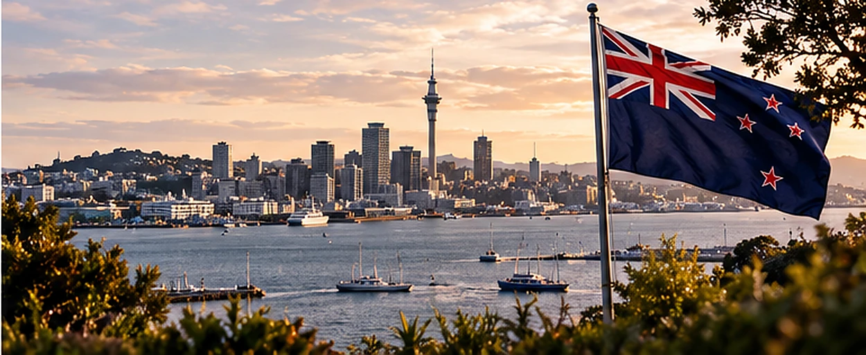 Auckland skyline and New Zealand flag overlooking the harbour