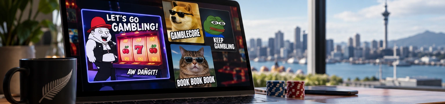 Laptop displaying a collage of casino-themed internet memes in a New Zealand setting with Auckland skyline in the background.