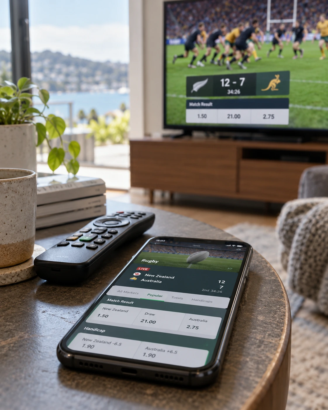 Close-up of a television remote and smartphone showing sports betting markets with a live rugby broadcast in the background