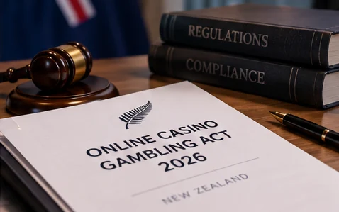 New Zealand online gambling regulation reference materials on a desk.