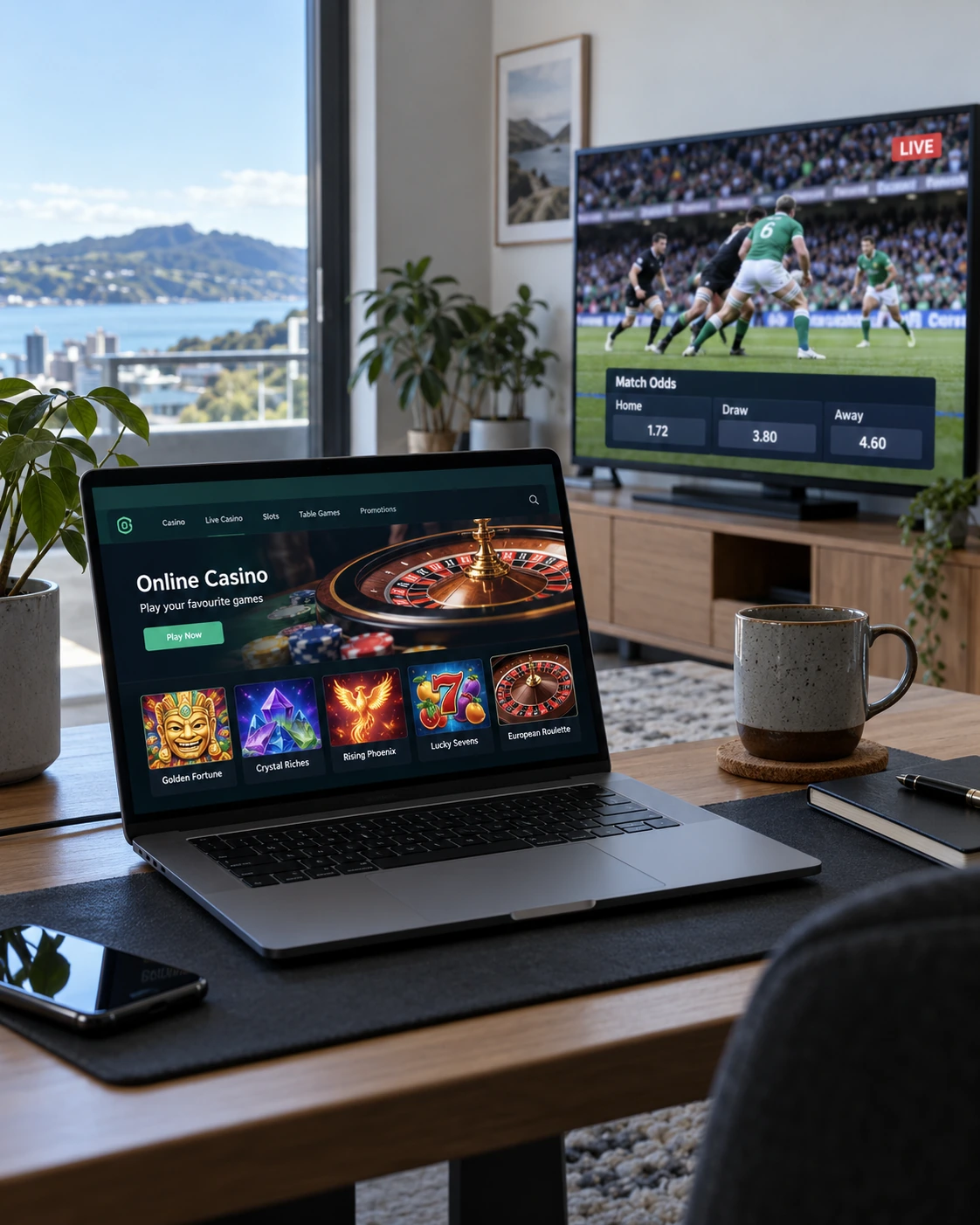 Laptop showing a generic online casino interface next to a television broadcasting live sport with betting odds
