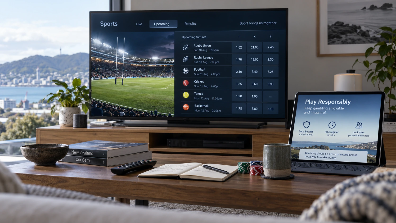 Contemporary New Zealand lounge with sports programming on television and responsible gambling information displayed on a second screen
