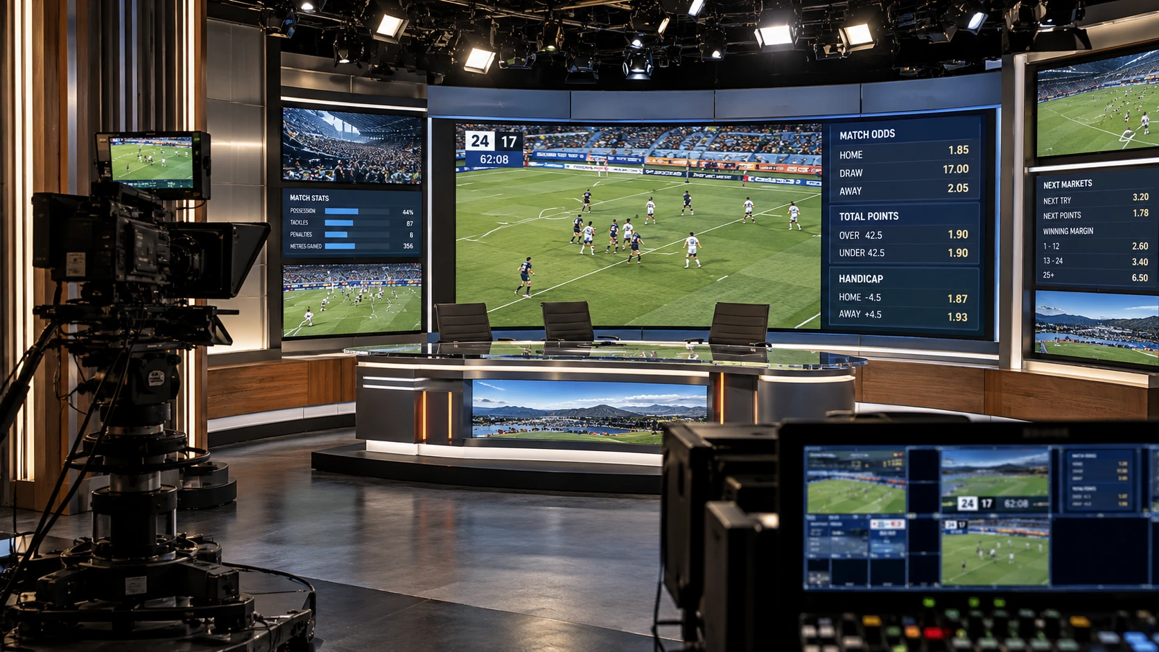 Professional sports broadcast studio with live match screens and betting odds graphics