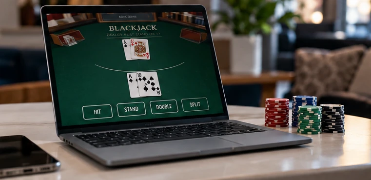 Online blackjack displayed on a laptop in a neutral interior