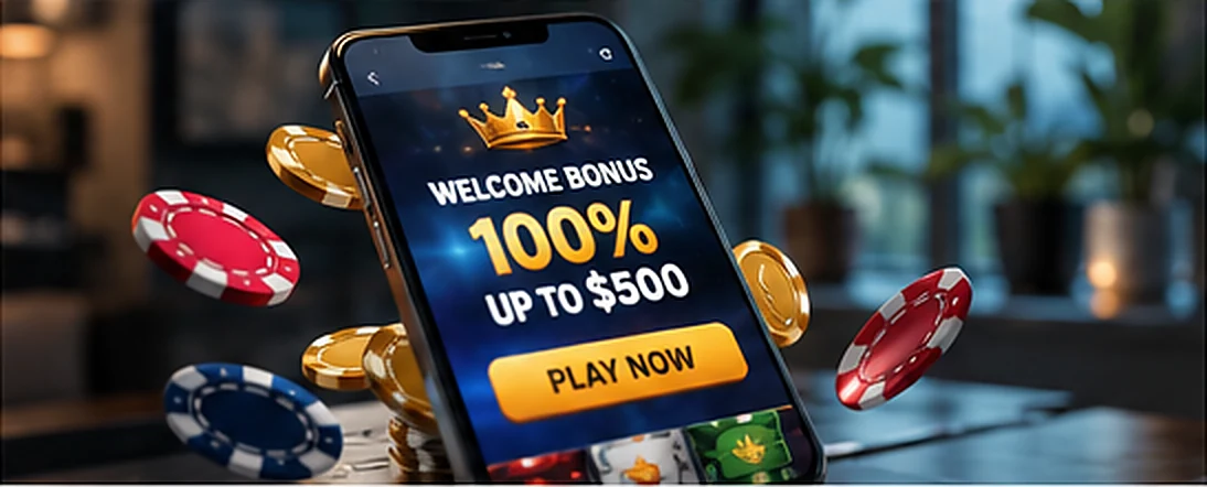 Mobile screen displaying promotional casino bonus banner with hidden asterisks