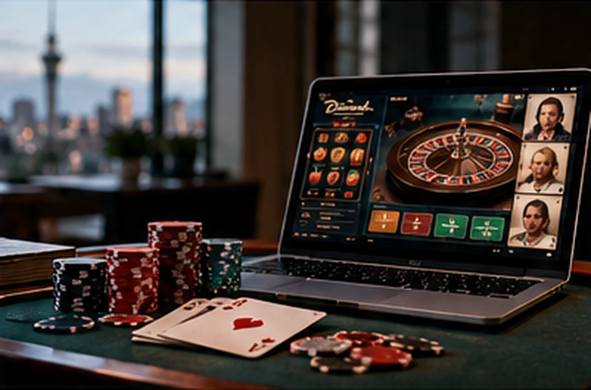 Online casino game displayed on a laptop beside poker chips