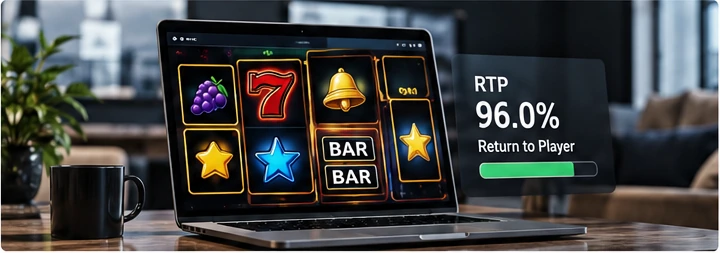 An online pokie interface: its advertised RTP describes a mathematical average, not a session outcome.
