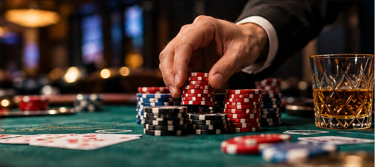 Cinematic poker table scene with chips, cards and dramatic lighting
