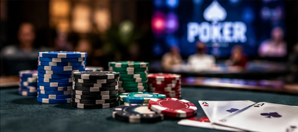 Poker chips and playing cards on the competition felt