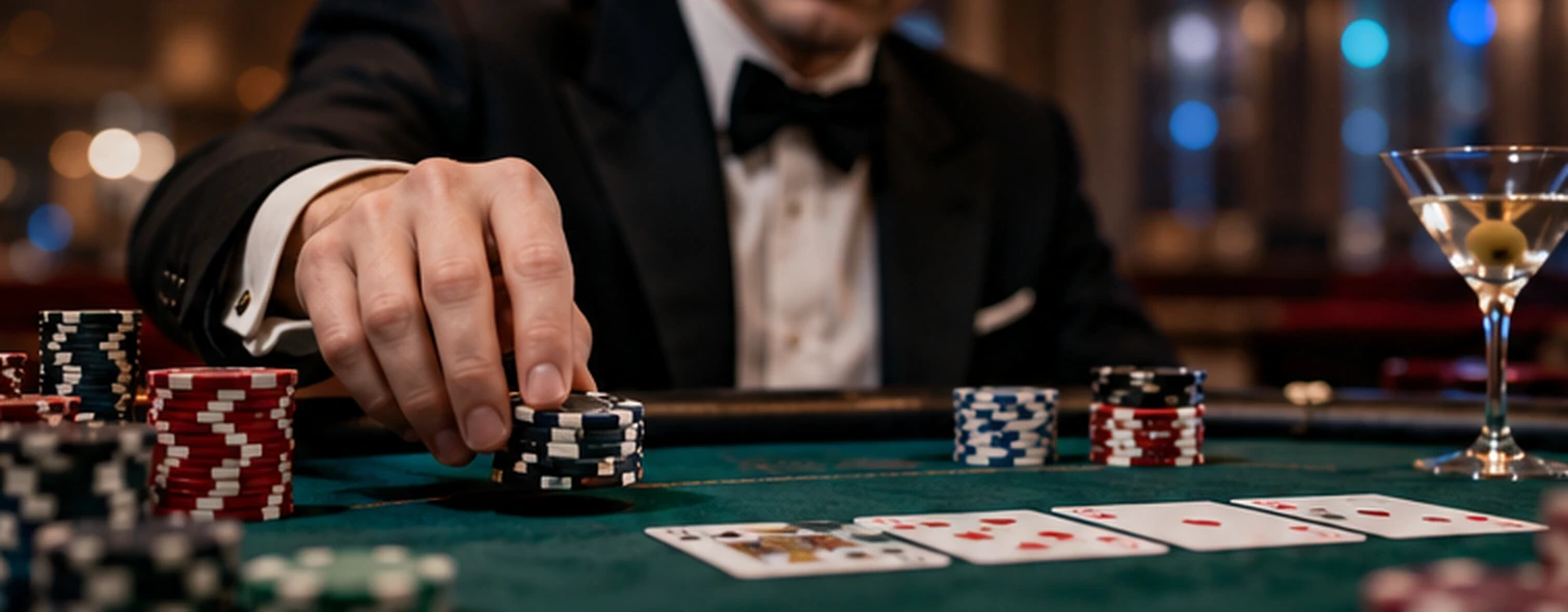 Close-up of a player moving poker chips across a green felt table.