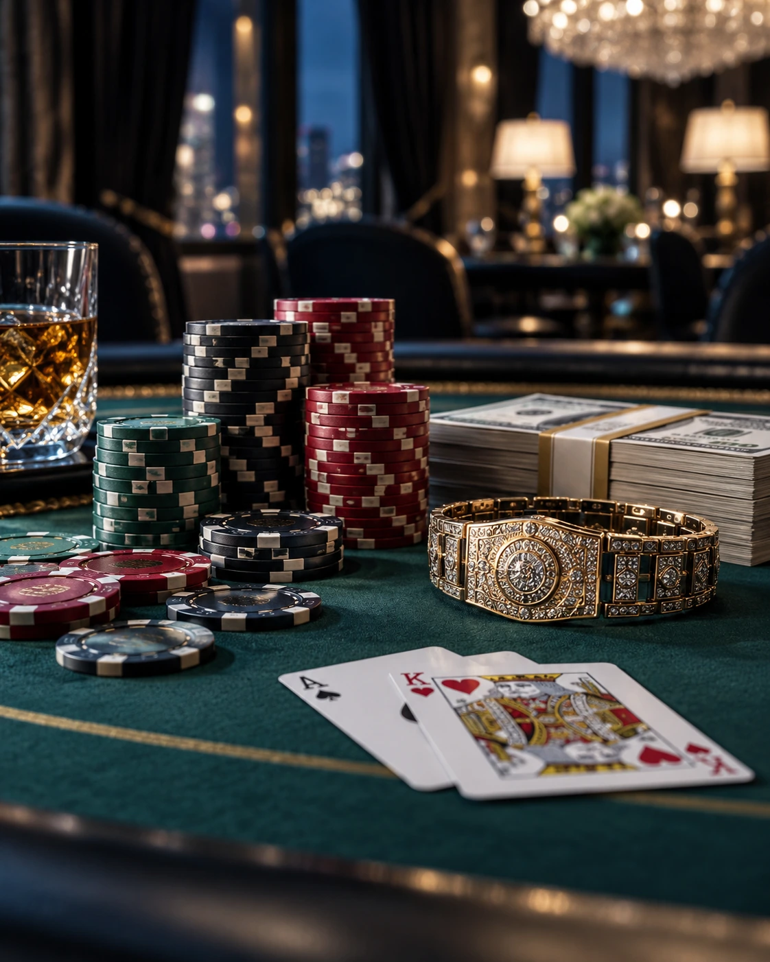 Poker chips, cards, cash and a championship-style bracelet on a green table in a luxurious casino setting.