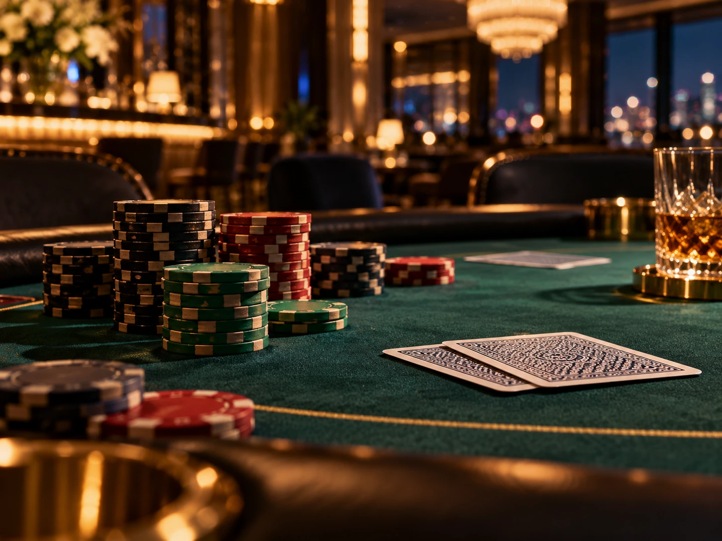 Close-up of a poker table with chips and cards in a luxurious casino setting.